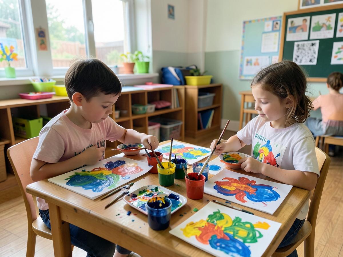 Two young children painting at a classroom table