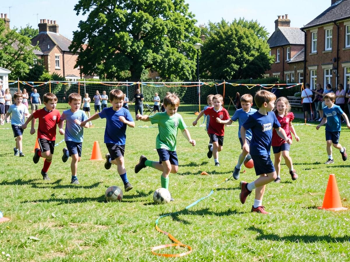 Children running and playing football on a school field at sports day