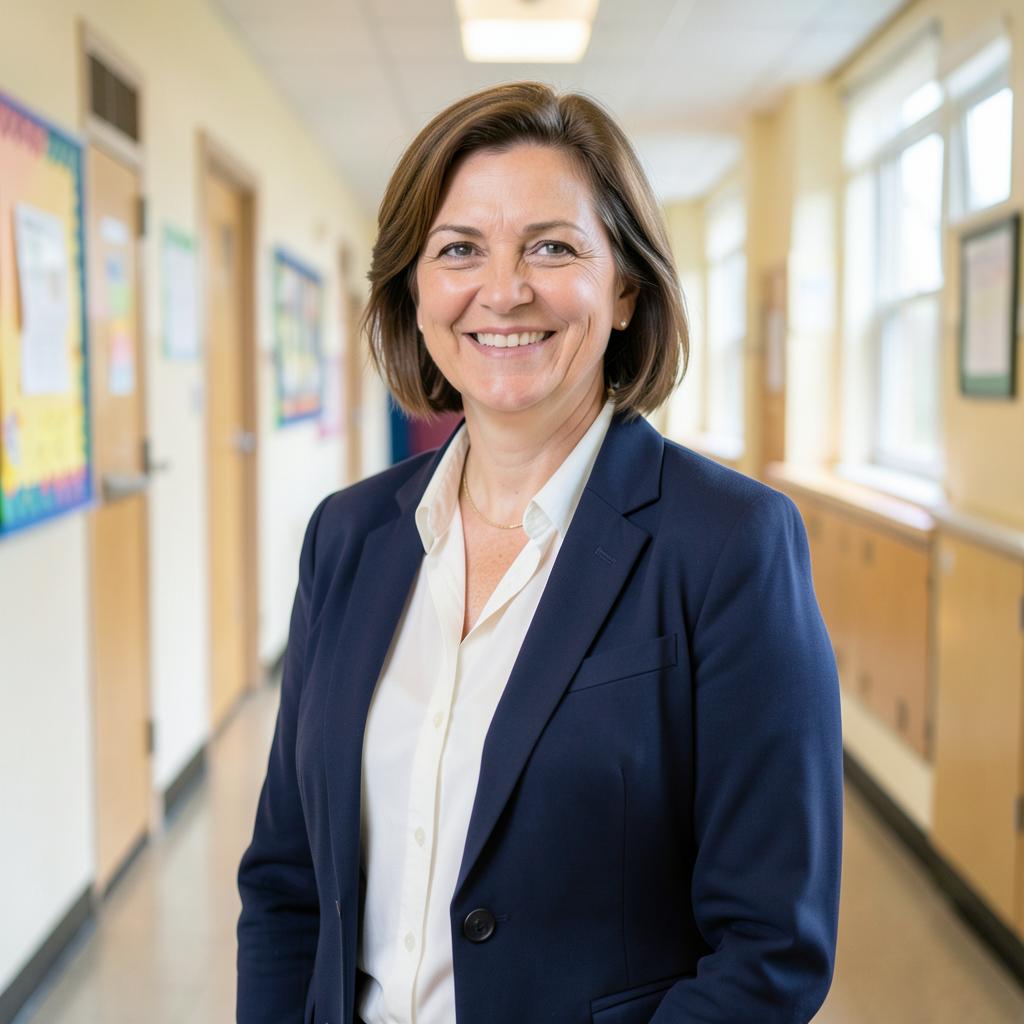 Mrs H. McBride, Principal, standing in a school corridor