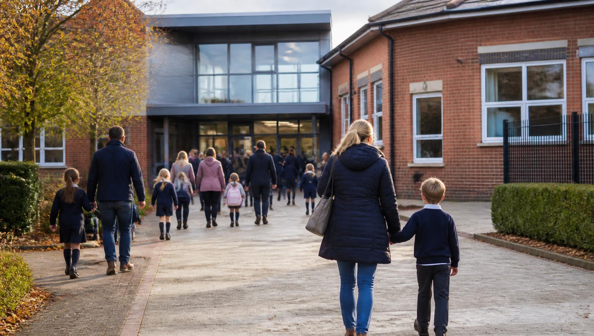 Families walking towards the school entrance on an autumn morning