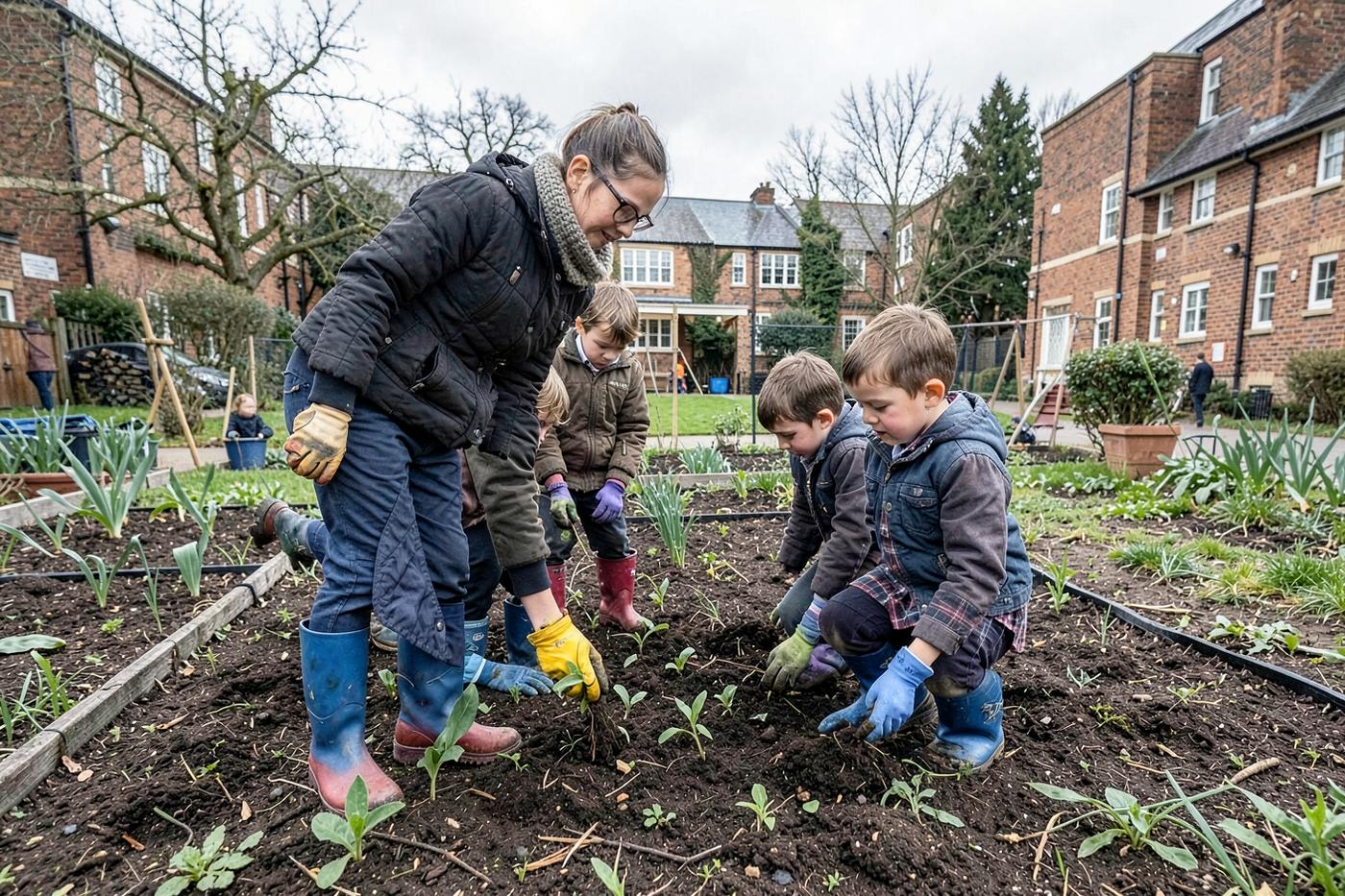 Primary school children planting seedlings in raised beds with their teacher