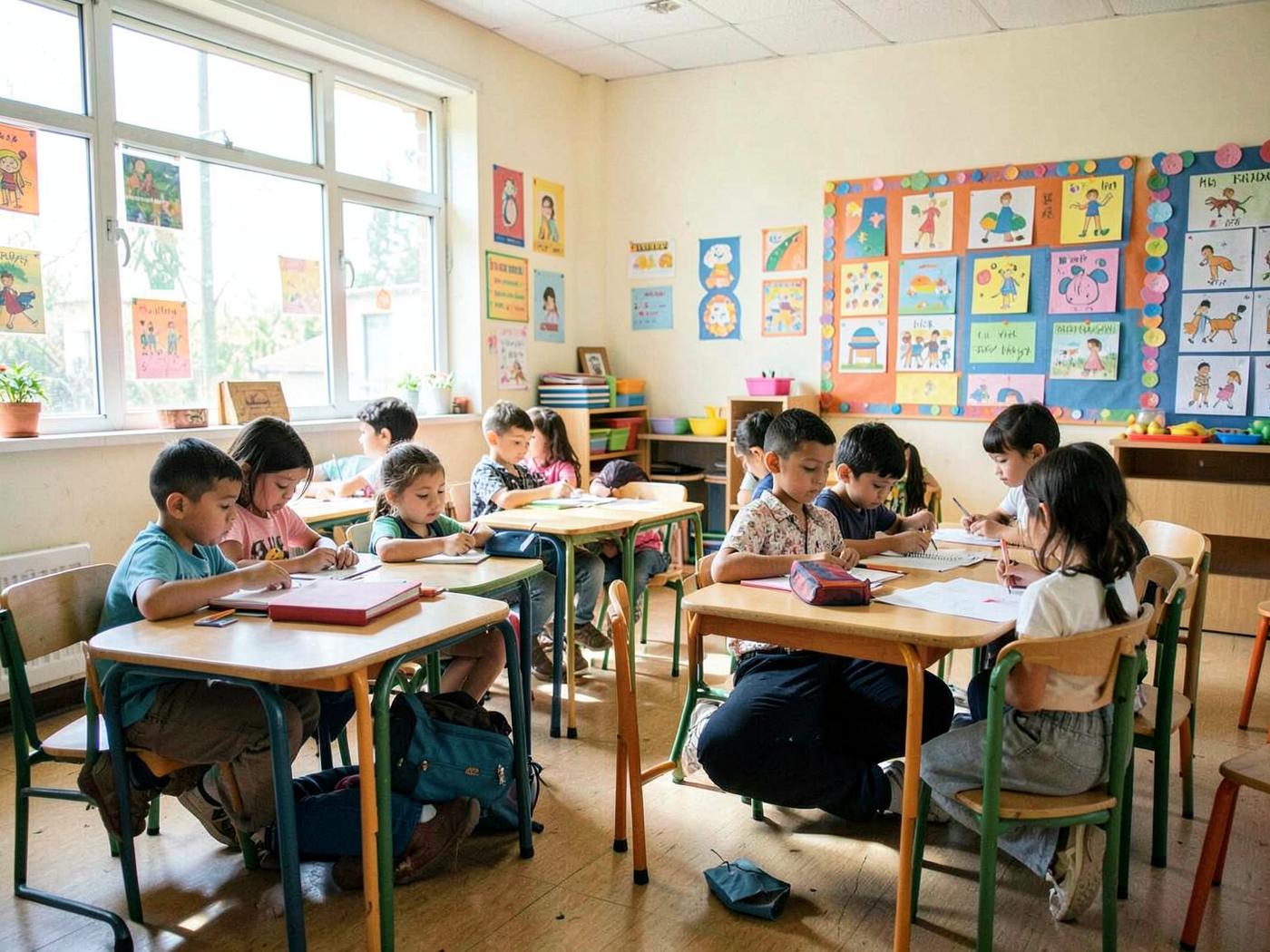 Pupils working at tables in a bright classroom